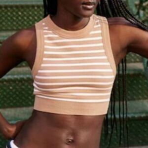 AERIE OFFLINE SEAMLESS LONG LINE SPORTS BRA TAN WHITE STRIPE MEDIUM